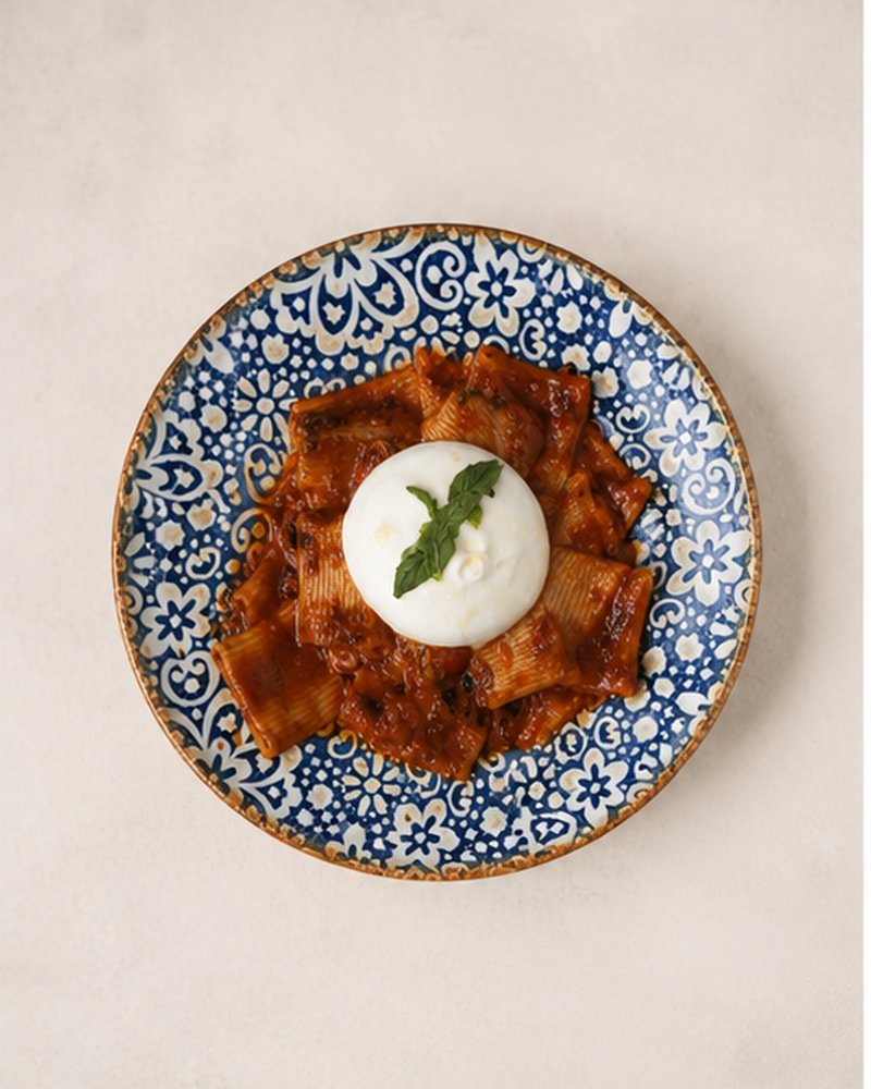 Paccheri in Tomatensauce mit Burrata und Basilikum