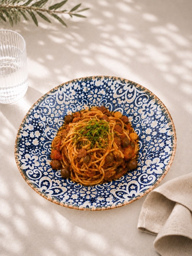 Spaghetti in Tomatensauce mit Oliven und Kapern