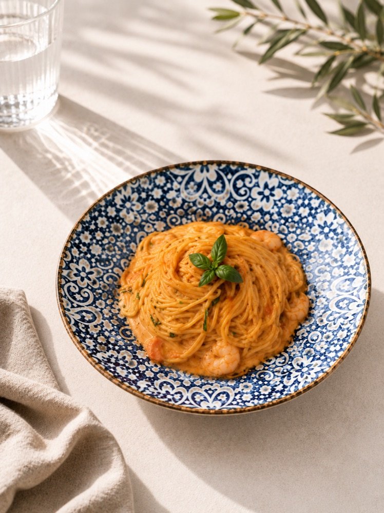 Spaghetti in cremiger Tomatensauce mit Garnelen und Basilikum