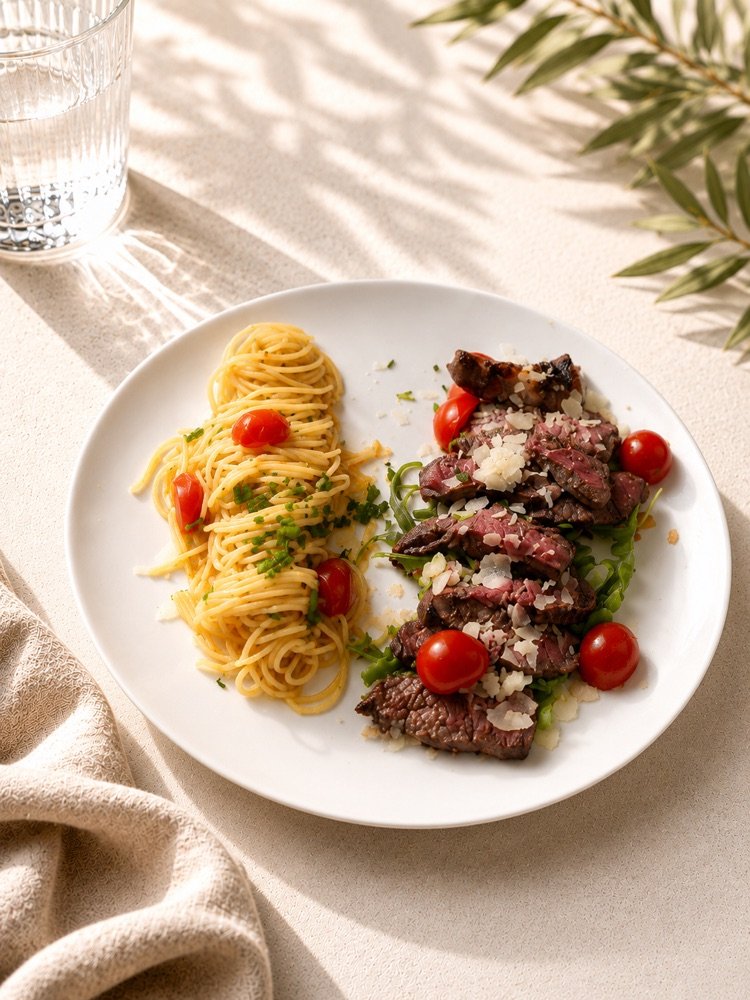 Aufgeschnittenes Rindersteak mit Rucola, Parmesan und Kirschtomaten, dazu Spaghetti