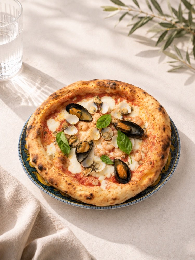 Pizza Frutti di Mare mit Muscheln, Venusmuscheln und Garnelen aus dem Steinofen