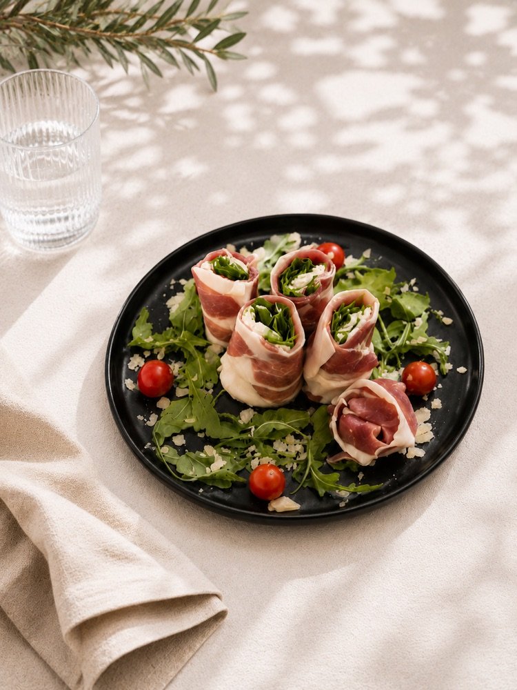 Rohschinken-Röllchen mit Rucola, Parmesan und Kirschtomaten