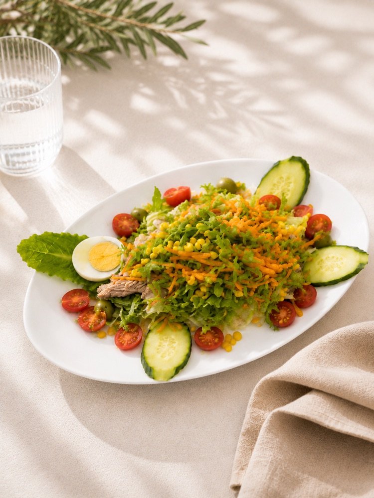 Gemischter Salat mit Thunfisch, Ei, Tomaten und Gurke